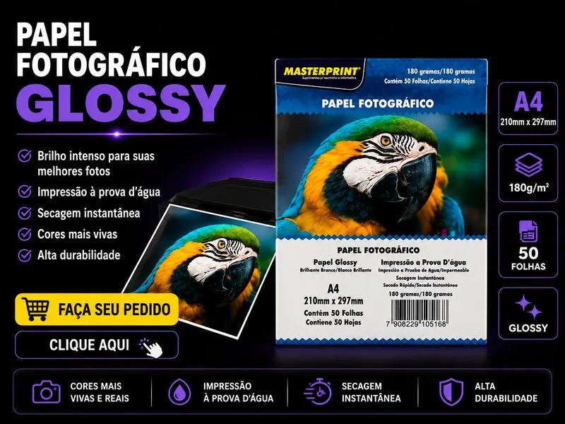 Papel fotográfico glossy 180g Masterprint A4 (50 folhas)